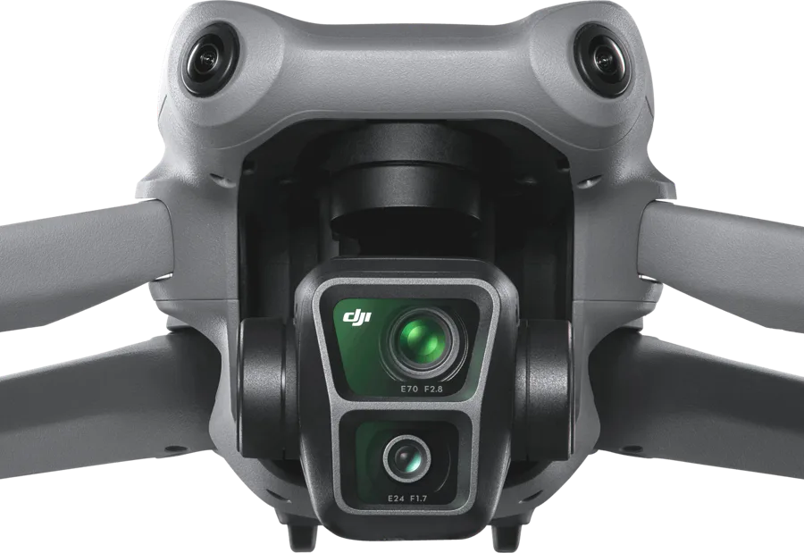 Close-up front view of DJI Air 3 dual camera system